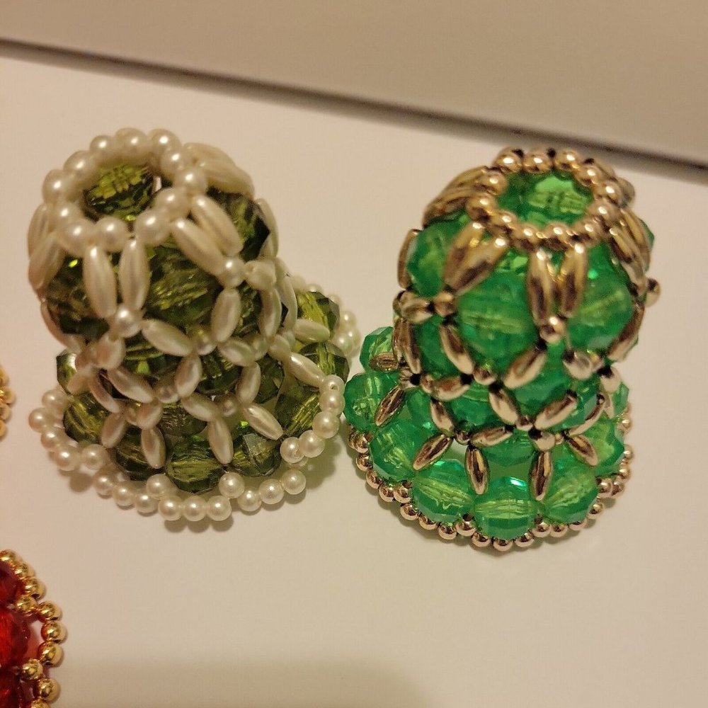 8 Vintage 1980's Pearl Beaded Handmade BELL CHRISTMAS ORNAMENTS green blue red - Picture 5 of 7